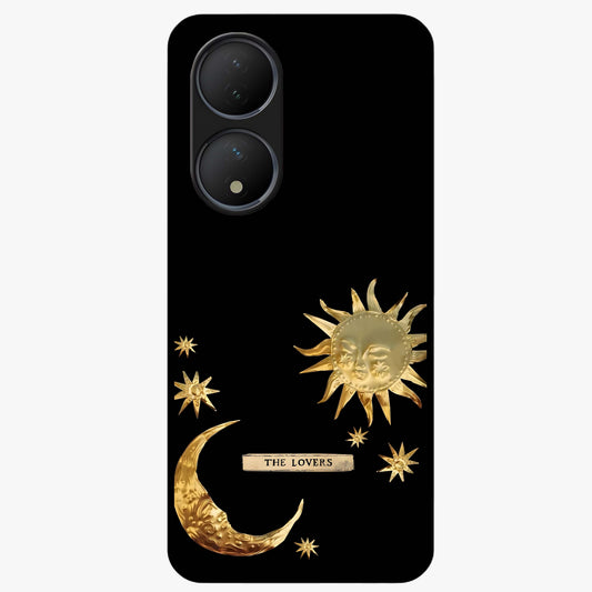 Golden Celestial Charm Glass Case showing flat back view with golden celestial charm artwork and glossy glass finish.