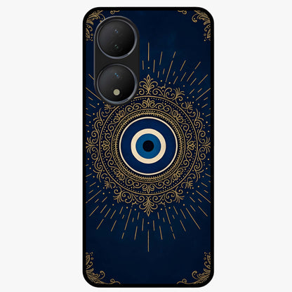 Golden Evil Eye Mandala Glass Case showing flat back view with intricate evil eye mandala artwork and glossy glass finish.