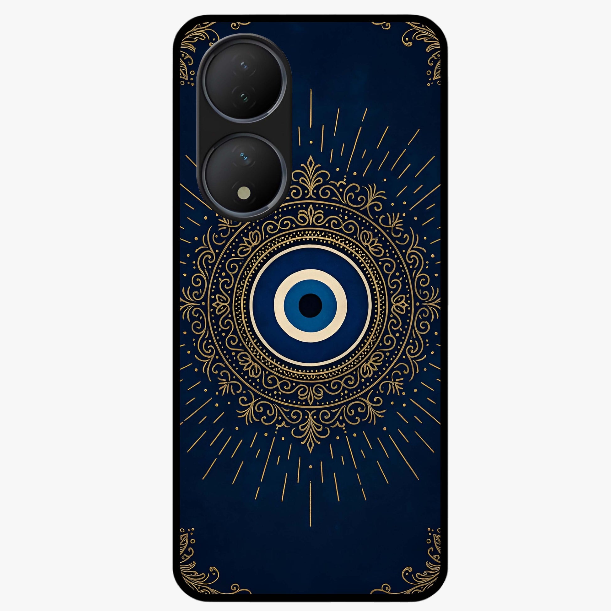Golden Evil Eye Mandala Glass Case showing flat back view with intricate evil eye mandala artwork and glossy glass finish.
