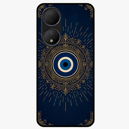 Golden Evil Eye Mandala Glass Case showing flat back view with intricate evil eye mandala artwork and glossy glass finish.