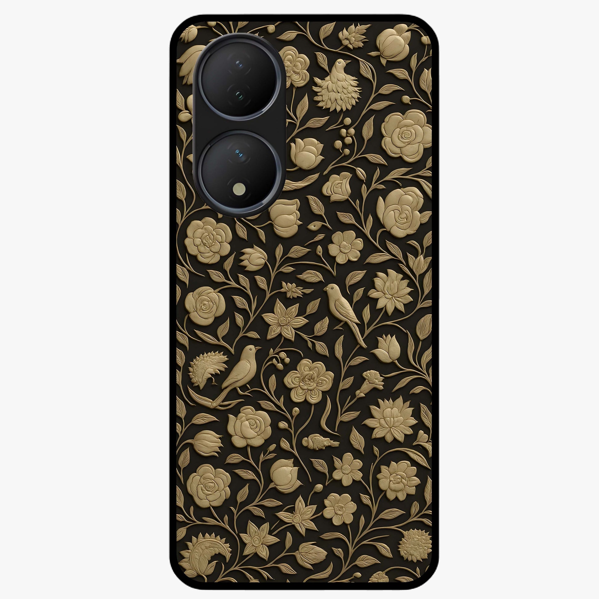 Golden Floral Majesty Glass Case showing flat back view with luxurious golden floral artwork and glossy glass finish.