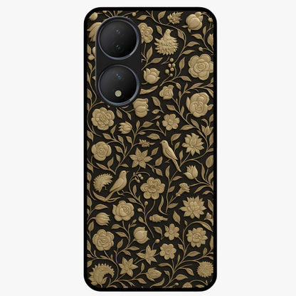 Golden Floral Majesty Glass Case showing flat back view with luxurious golden floral artwork and glossy glass finish.