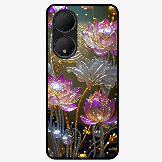 Golden Lotus Glow Glass Case showing flat back view with glowing lotus flower artwork and glossy glass finish.