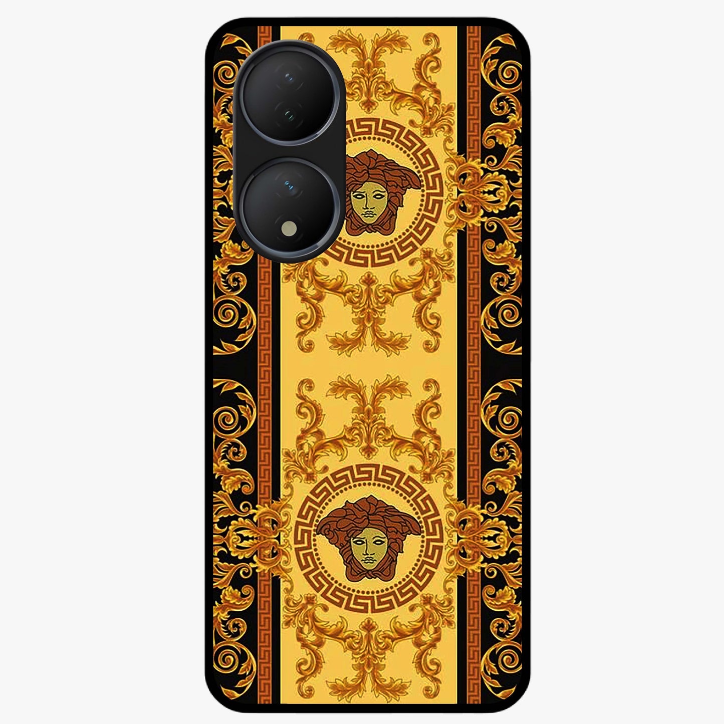 Golden Royal Heritage Glass Case showing flat back view with ornate royal pattern artwork and glossy glass finish.