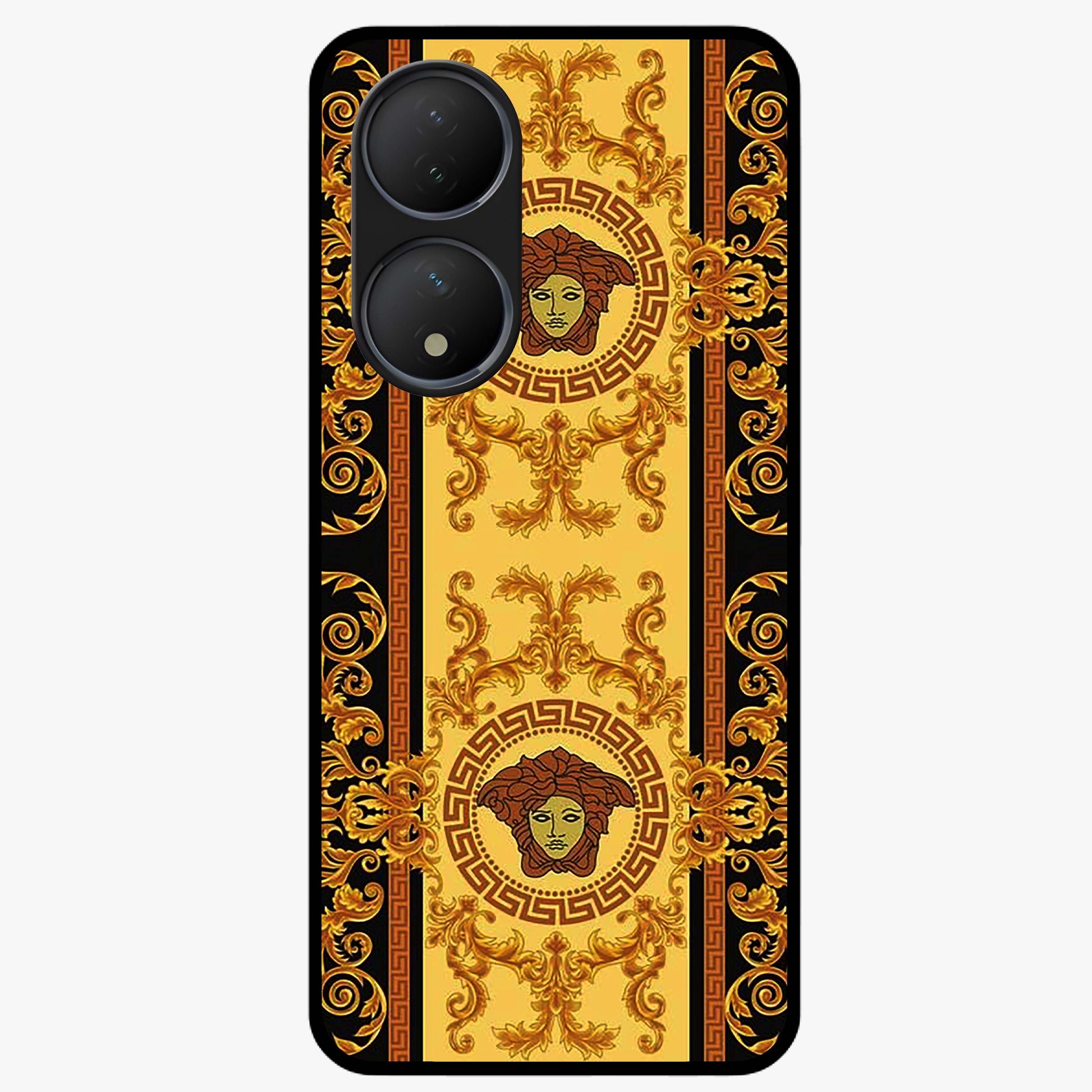 Golden Royal Heritage Glass Case showing flat back view with ornate royal pattern artwork and glossy glass finish.