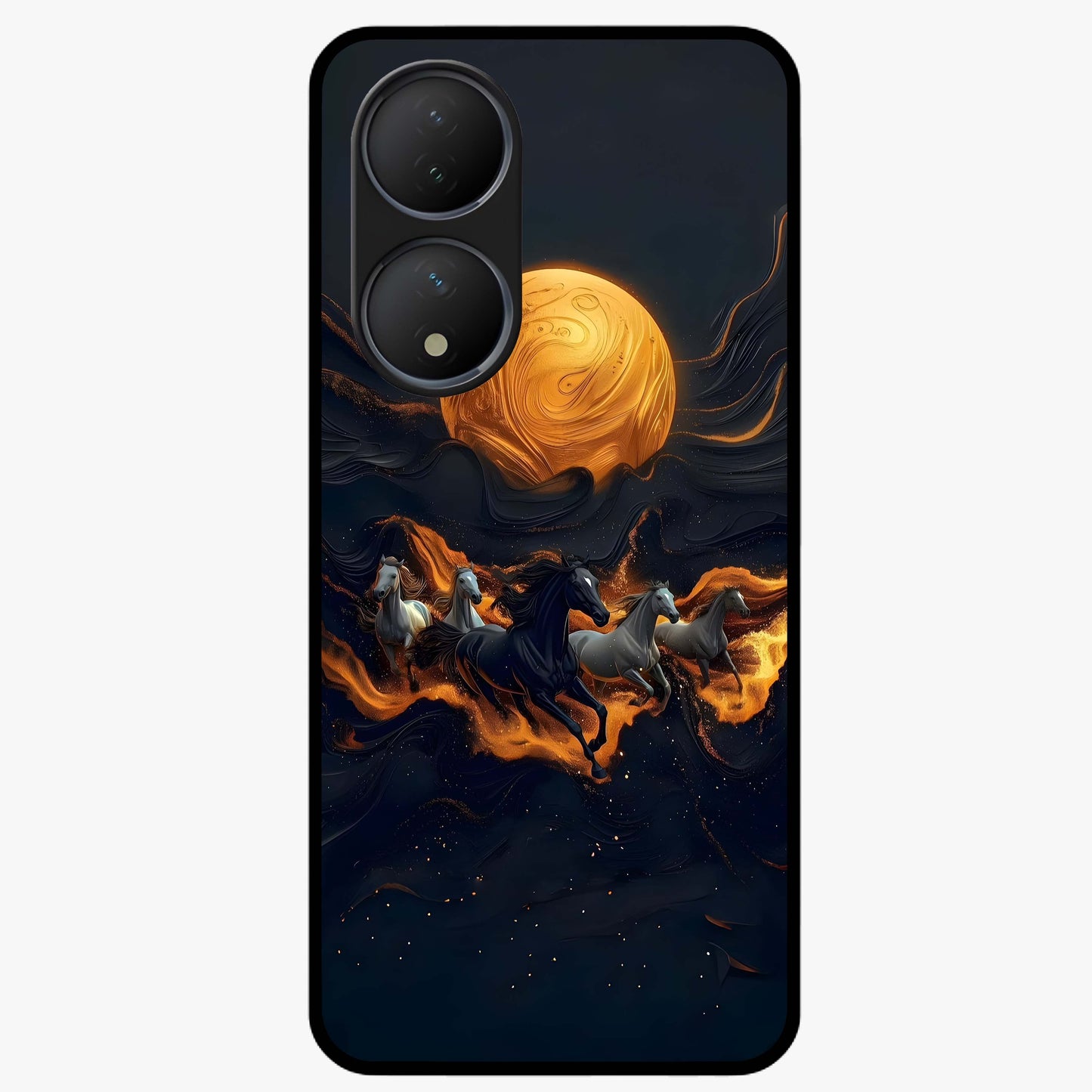 Golden Stallion Moonride Glass Case showing flat back view with majestic horse under moonlight artwork and glossy glass finish.