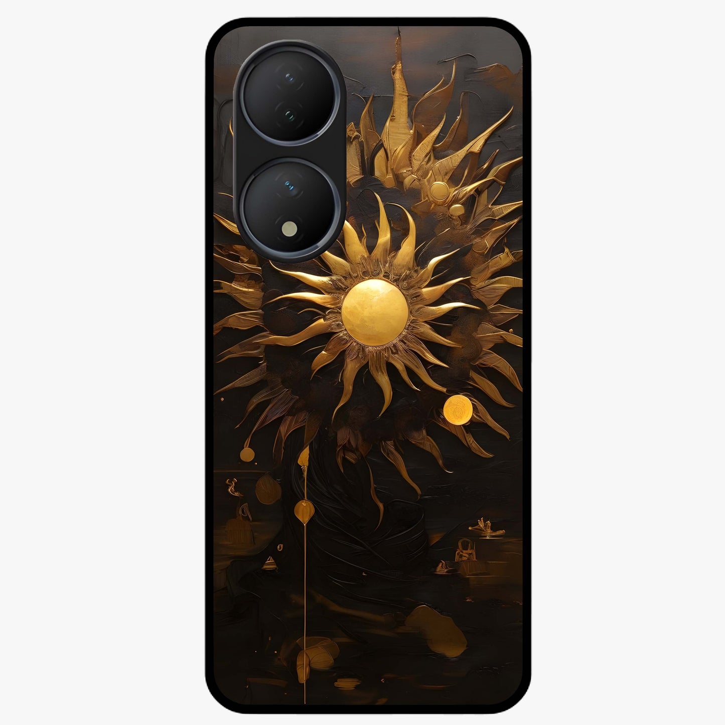 Golden Sun Majesty Glass Case showing flat back view with radiant golden sun artwork and glossy glass finish.
