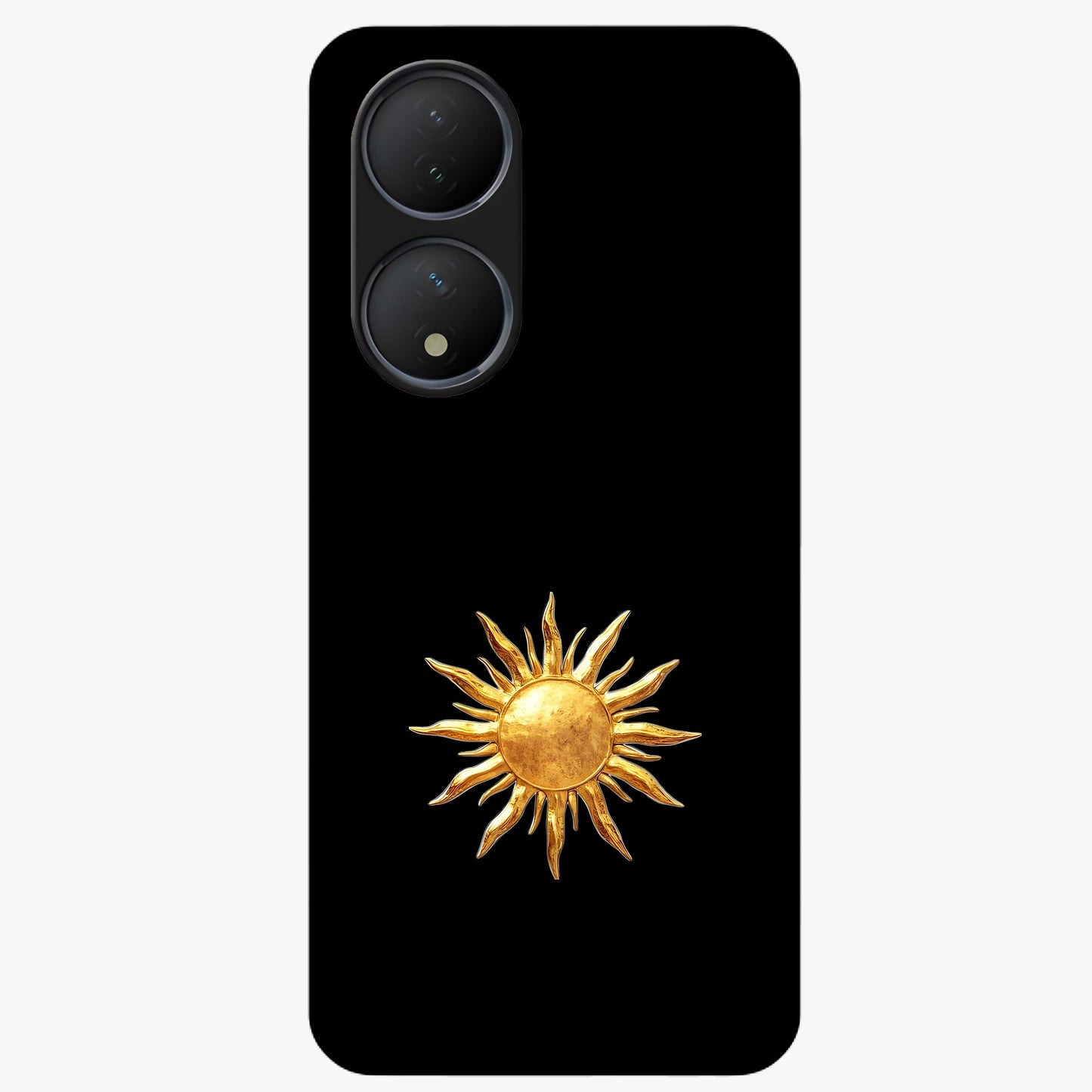Golden Sun Minimalism Glass Case showing flat back view with minimal golden sun artwork and glossy glass finish.