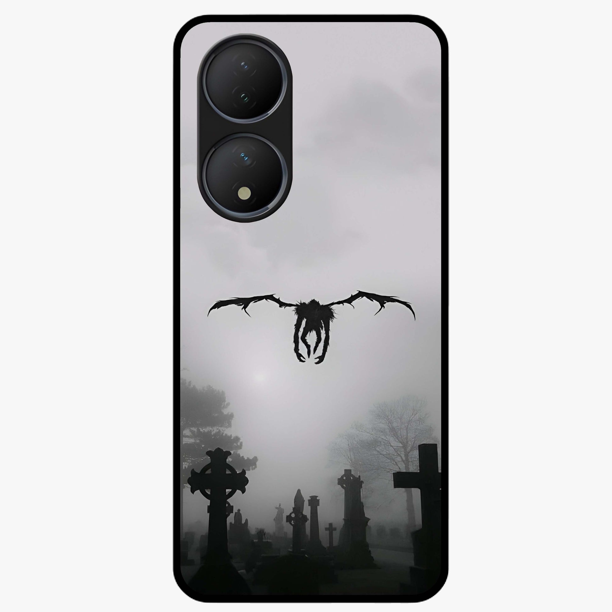 Graveyard Shadow Descent Glass Case showing flat back view with dark graveyard themed artwork and glossy glass finish.