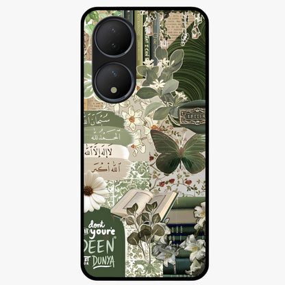 Green Islamic Books Quotes Glass Case showing flat back view with Islamic quotes and book themed artwork and glossy glass finish.