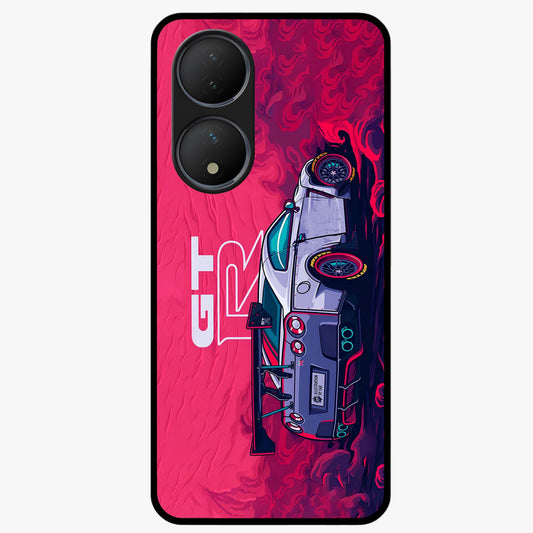 GT-R Car Pattern Glass Case showing flat back view with sporty car inspired pattern artwork and glossy glass finish.