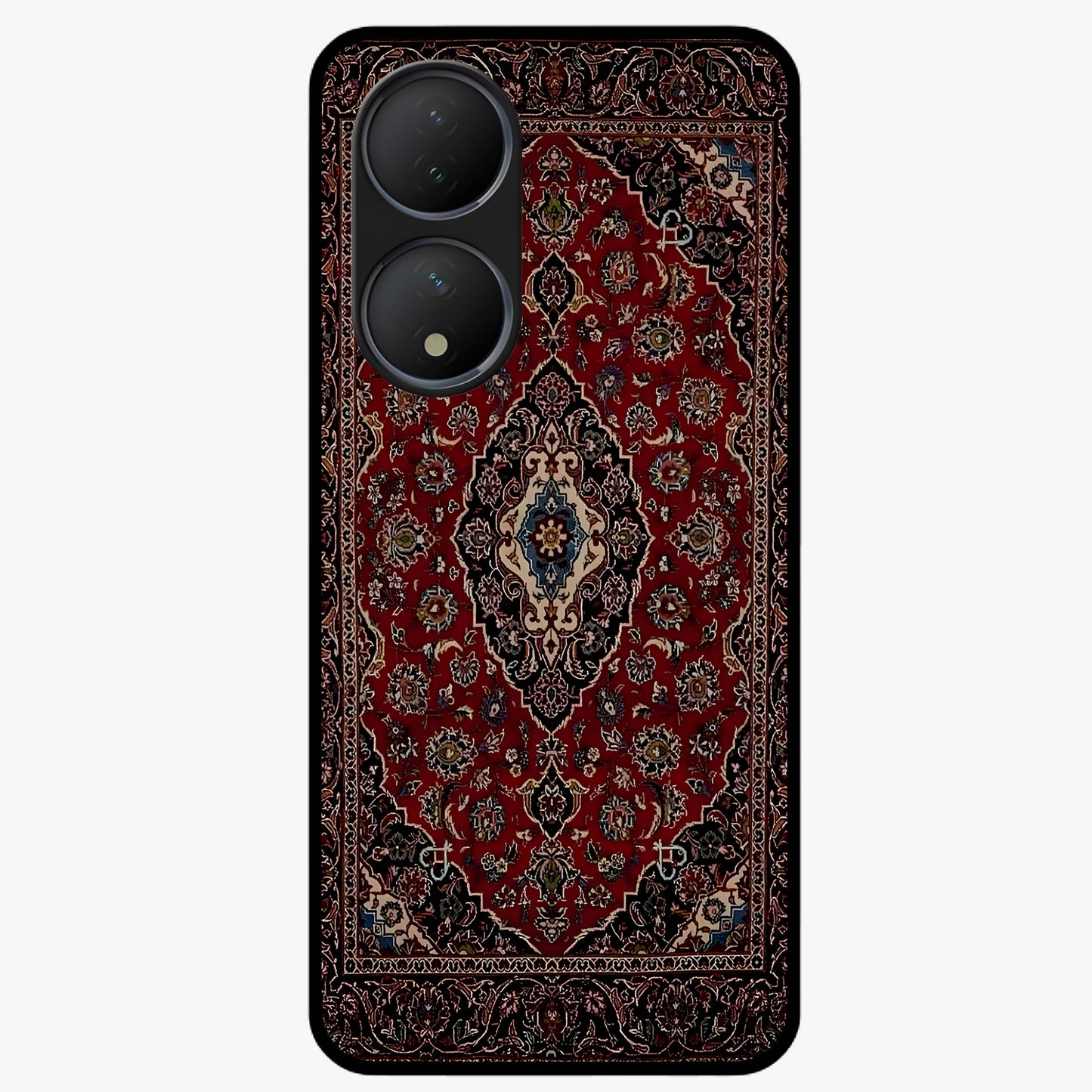 Heritage Carpet Royale Glass Case showing flat back view with ornate Persian carpet inspired pattern and glossy glass finish.
