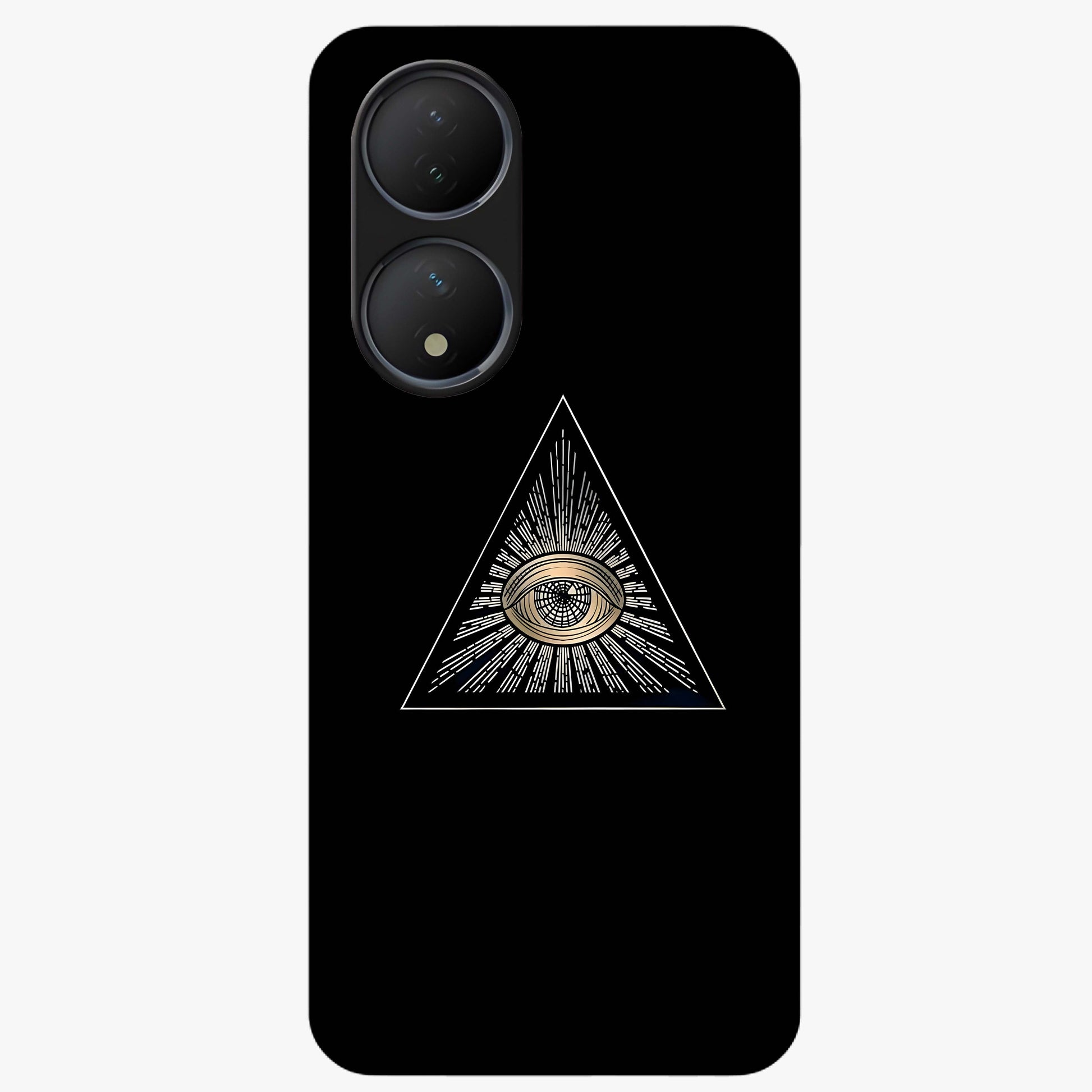 Illuminati Evil Glass Case showing flat back view with mysterious illuminati symbol artwork and glossy glass finish.