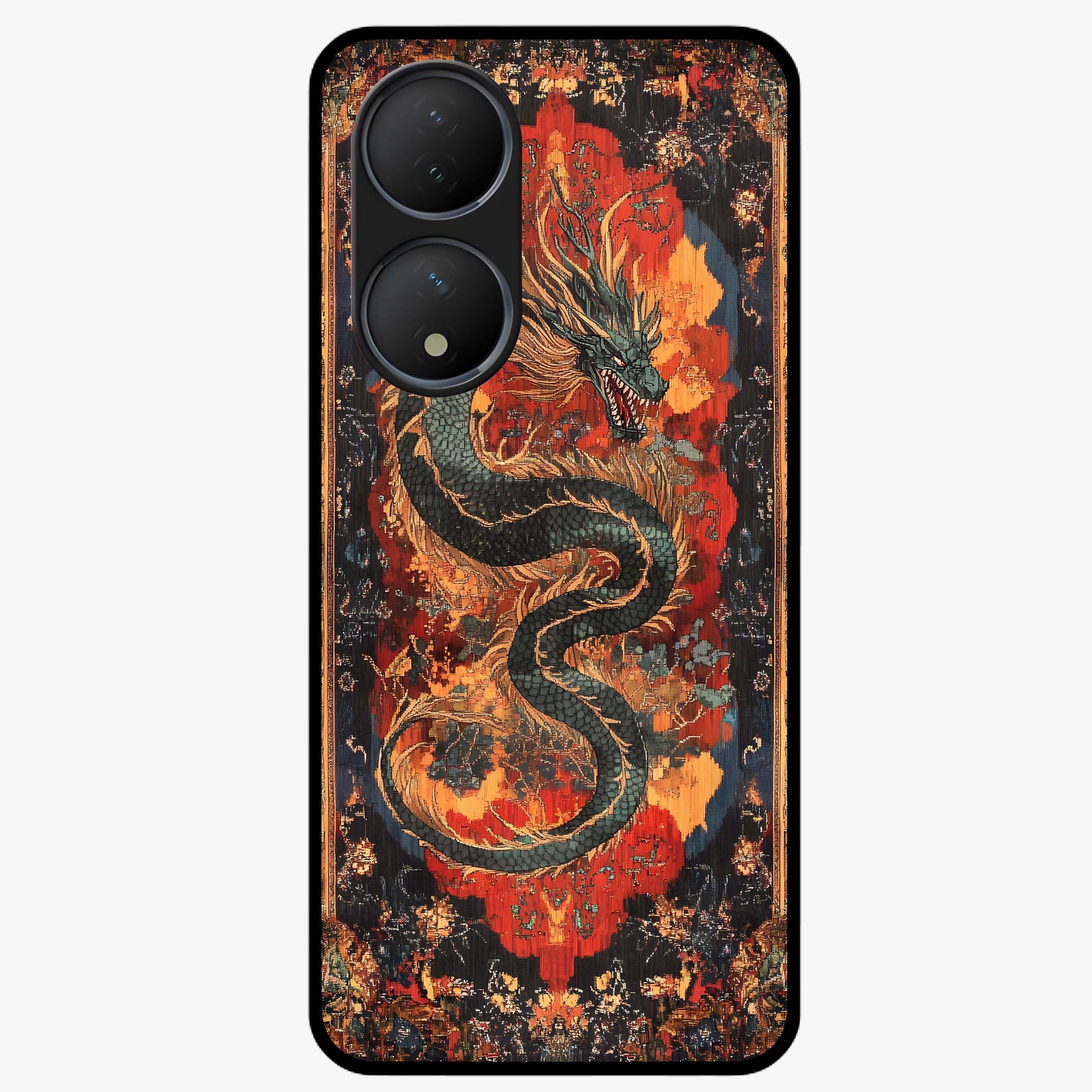 Inferno Dragon Soul Glass Case showing flat back view with fiery dragon artwork and glossy glass finish.