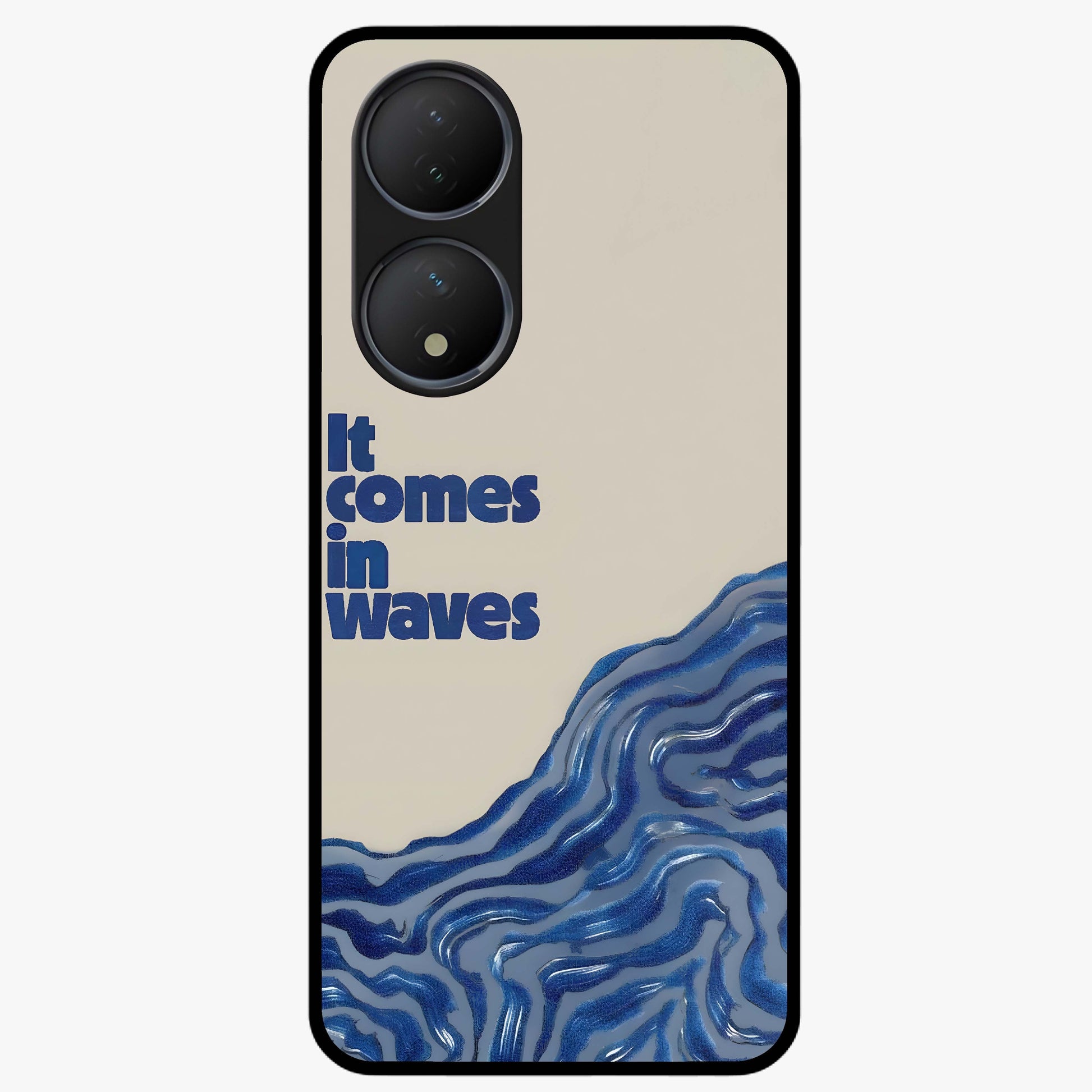 It Comes In Waves Quote Glass Case showing flat back view with inspirational wave themed quote artwork and glossy glass finish.
