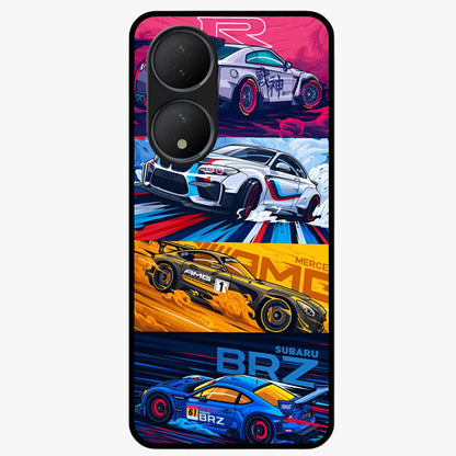 JDM Sports Car Glass Case showing flat back view with high performance sports car artwork and glossy glass finish.