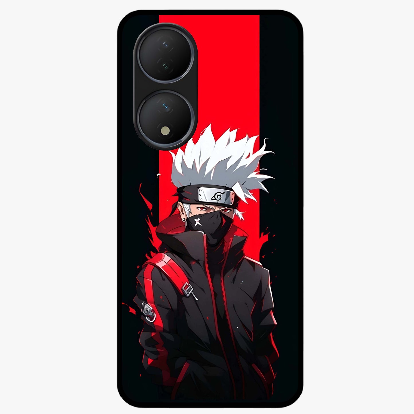Kakashi Scarlet Shadow Glass Case showing flat back view with powerful anime ninja artwork and glossy glass finish.