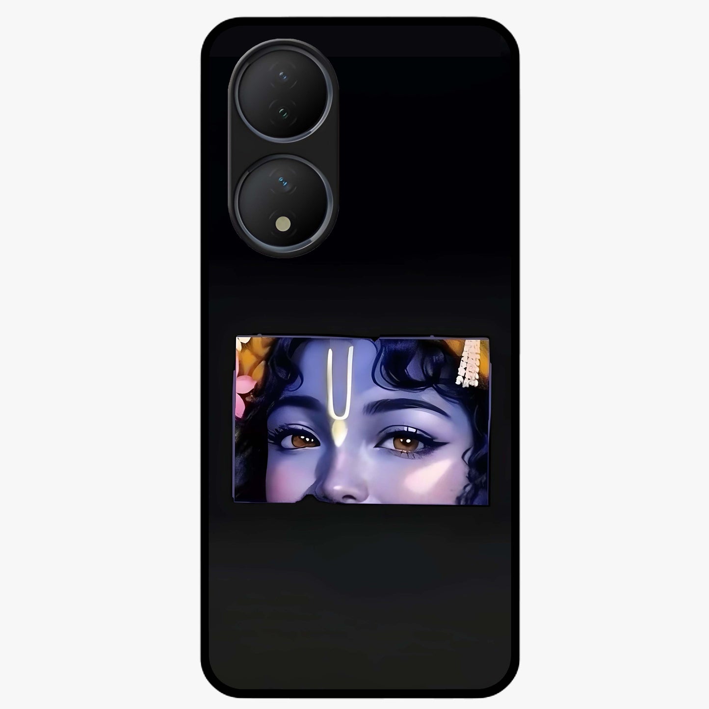 Krishna Divine Embrace Glass Case showing flat back view with Lord Krishna devotional artwork and glossy glass finish.
