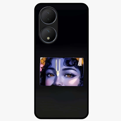 Krishna Divine Embrace Glass Case showing flat back view with Lord Krishna devotional artwork and glossy glass finish.