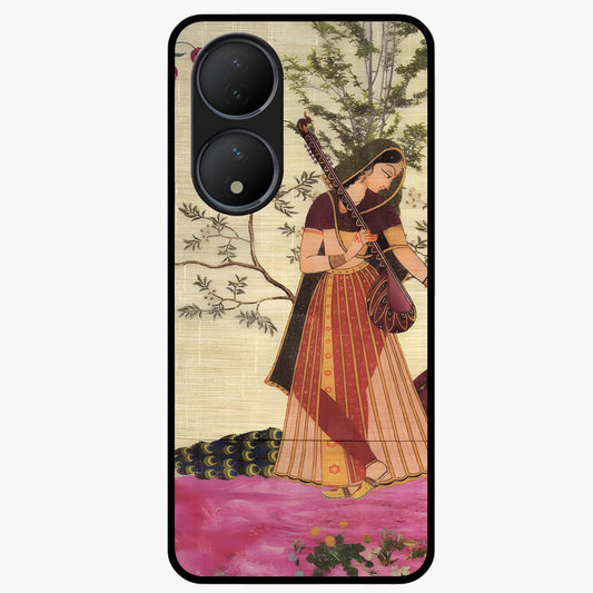 Lady With Veena Art Glass Case showing flat back view with elegant woman playing veena artwork and glossy glass finish.