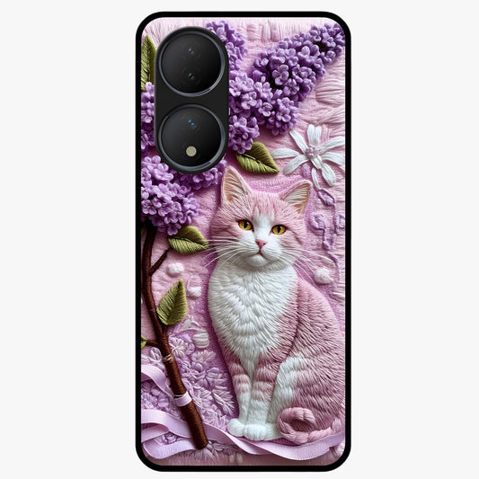 Lavender Cat Whimsy Glass Case showing flat back view with cute lavender cat artwork and glossy glass finish.