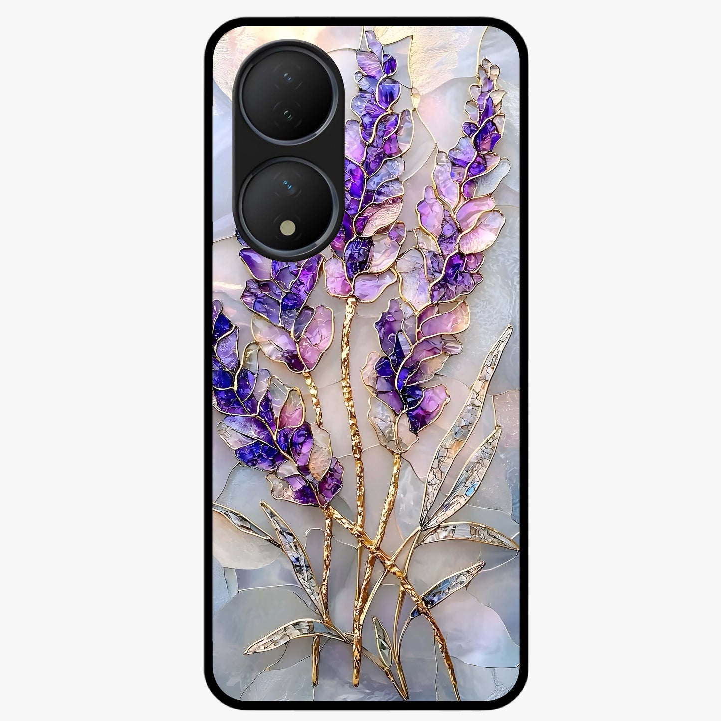 Lavender Dream Glow Glass Case showing flat back view with glowing lavender aesthetic artwork and glossy glass finish.