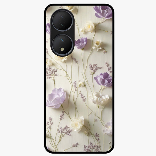 Lilac Breeze Harmony Glass Case showing flat back view with soft lilac themed artwork and glossy glass finish.