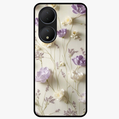 Lilac Breeze Harmony Glass Case showing flat back view with soft lilac themed artwork and glossy glass finish.