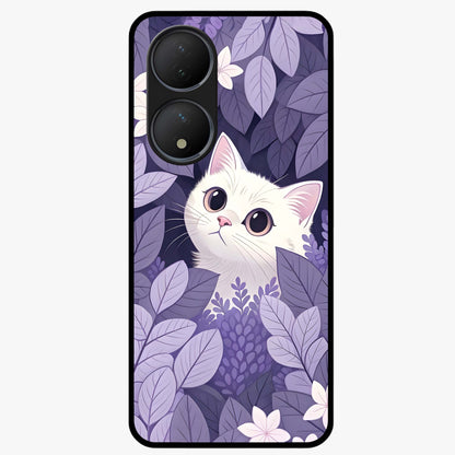 Lilac Hide Peek Cat Glass Case showing flat back view with cute peeking cat artwork and glossy glass finish.