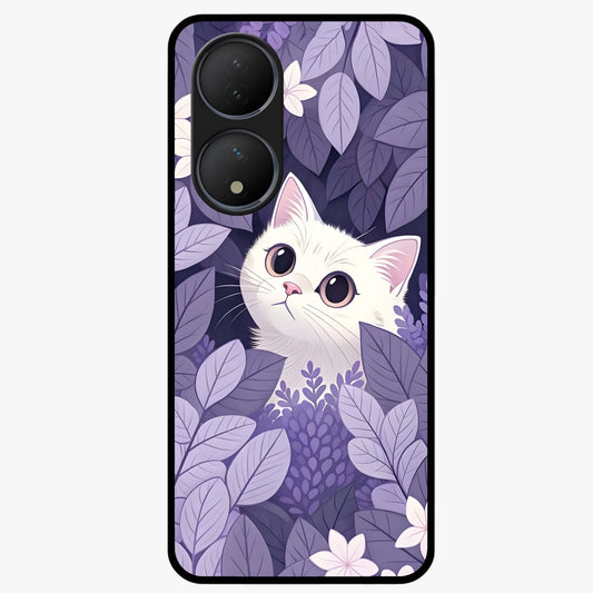 Lilac Hide Peek Cat Glass Case showing flat back view with cute peeking cat artwork and glossy glass finish.