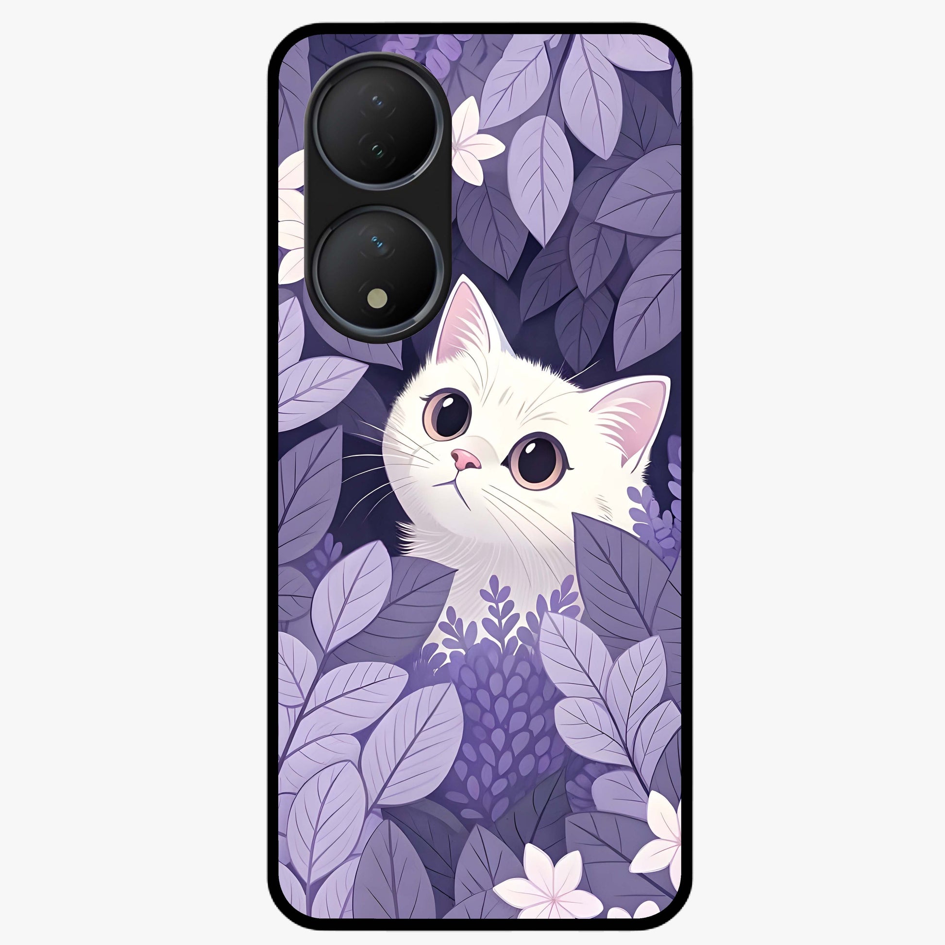 Lilac Hide Peek Cat Glass Case showing flat back view with cute peeking cat artwork and glossy glass finish.