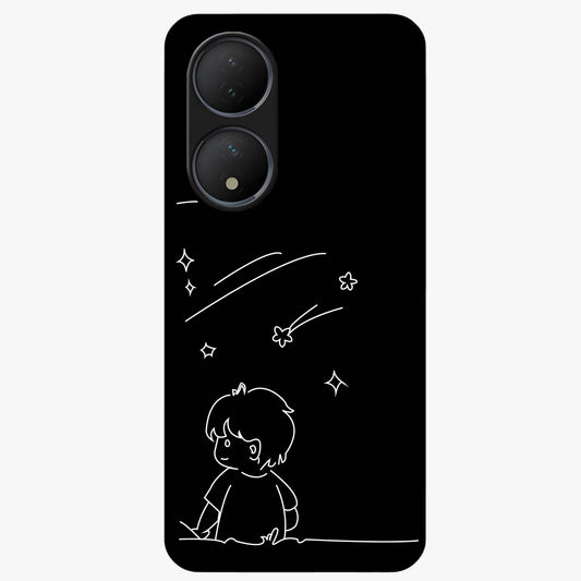 Line Art Boy With Shooting Stars Glass Case showing flat back view with minimal line art boy and shooting stars illustration and glossy glass finish.
