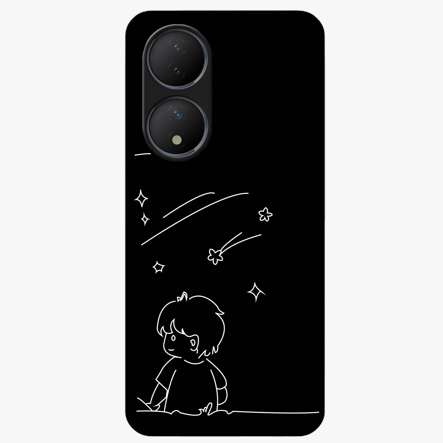 Line Art Boy With Shooting Stars Glass Case showing flat back view with minimal line art boy and shooting stars illustration and glossy glass finish.