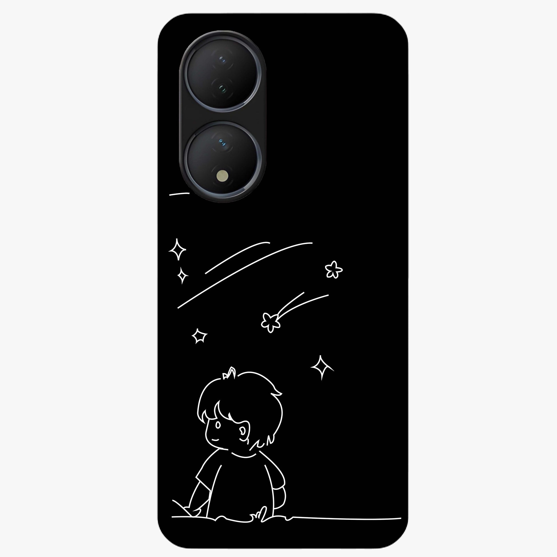 Line Art Boy With Shooting Stars Glass Case showing flat back view with minimal line art boy and shooting stars illustration and glossy glass finish.