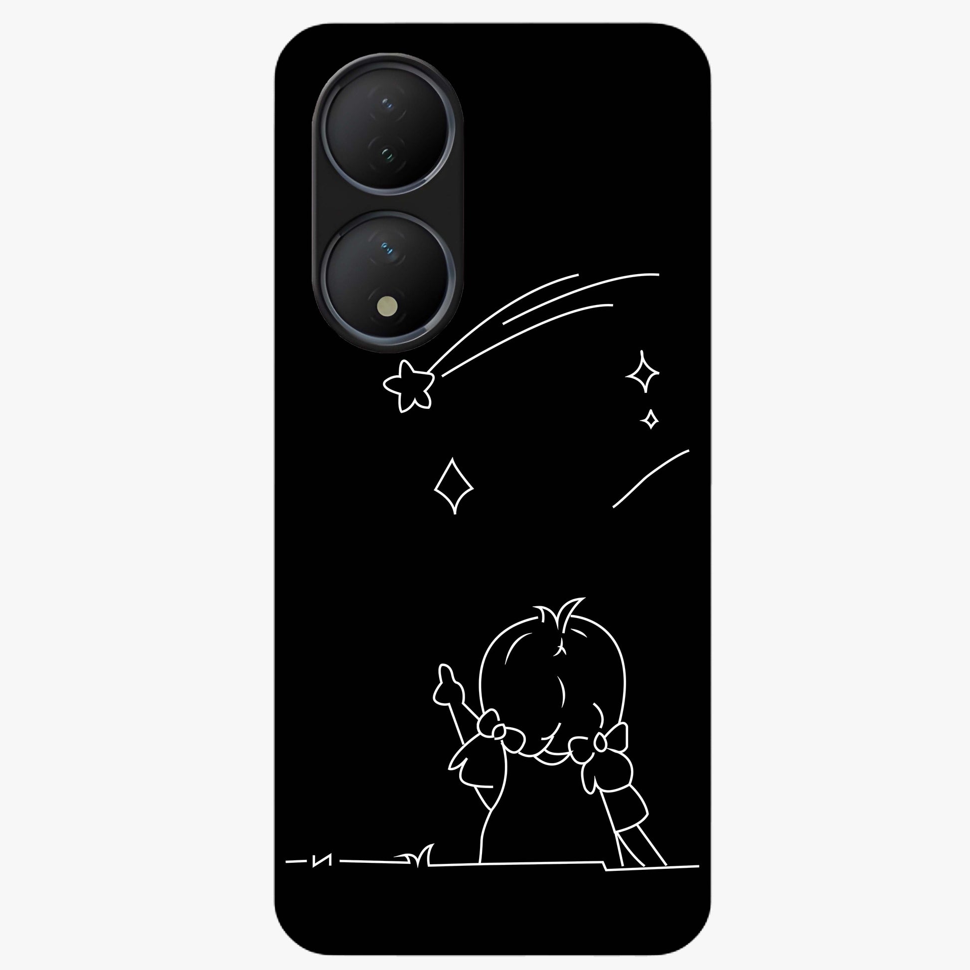 Line Art Girl With Shooting Stars Glass Case showing flat back view with minimal line art girl and shooting stars illustration and glossy glass finish.