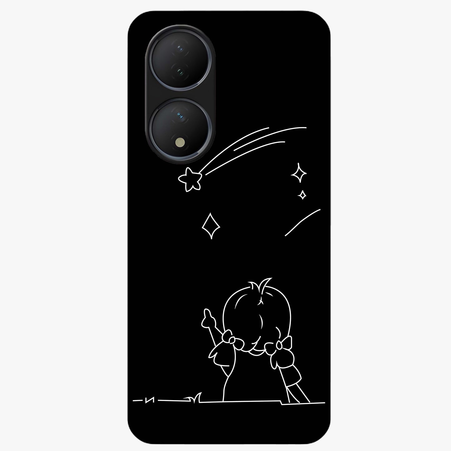 Line Art Girl With Shooting Stars Glass Case showing flat back view with minimal line art girl and shooting stars illustration and glossy glass finish.