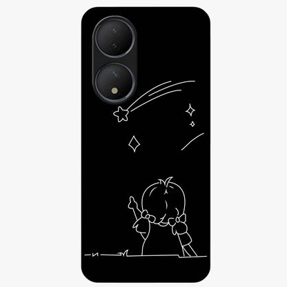 Line Art Girl With Shooting Stars Glass Case showing flat back view with minimal line art girl and shooting stars illustration and glossy glass finish.