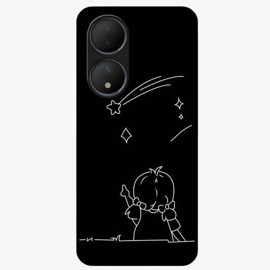 Line Art Girl With Shooting Stars Glass Case showing flat back view with minimal line art girl and shooting stars illustration and glossy glass finish.