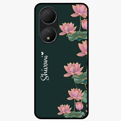 Lotus Bloom Serenity Custom Name Glass Case showing flat back view with elegant lotus flower artwork and personalized name design.
