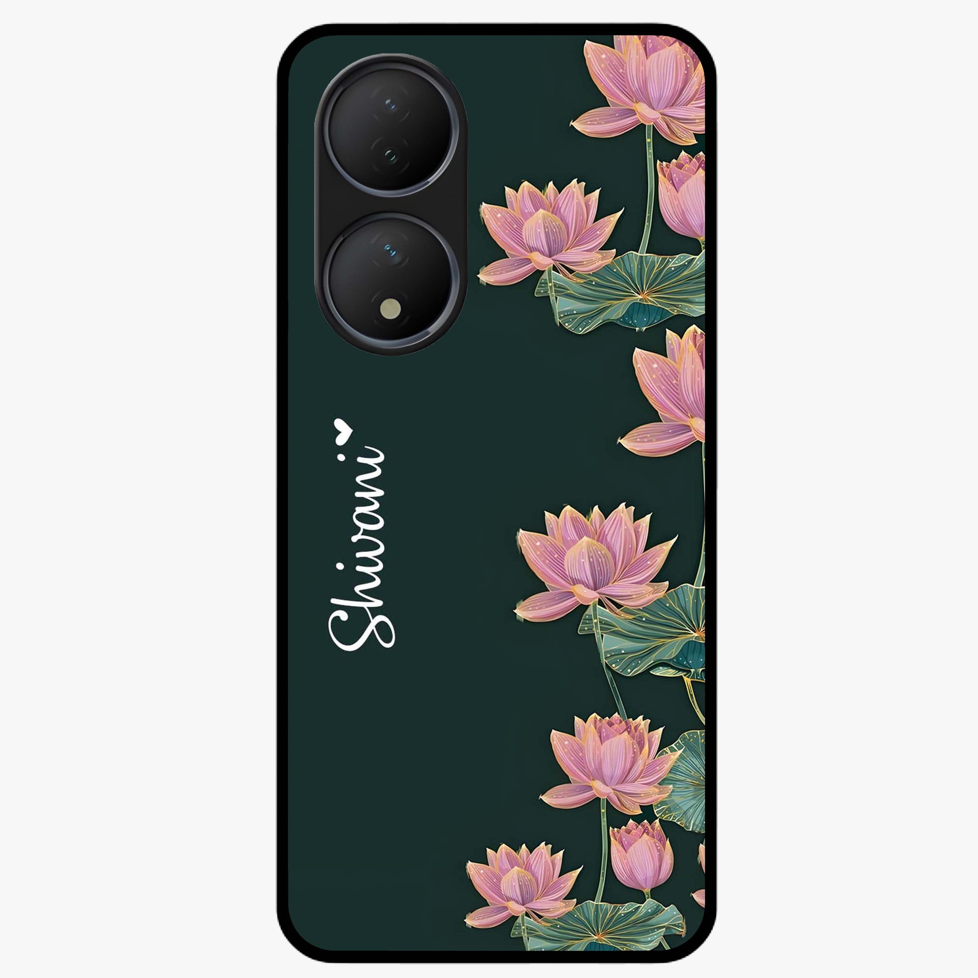 Lotus Bloom Serenity Custom Name Glass Case showing flat back view with elegant lotus flower artwork and personalized name design.