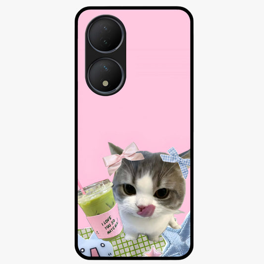 Love Matcha Cat Glass Case showing flat back view with cute cat and matcha themed artwork and glossy glass finish.