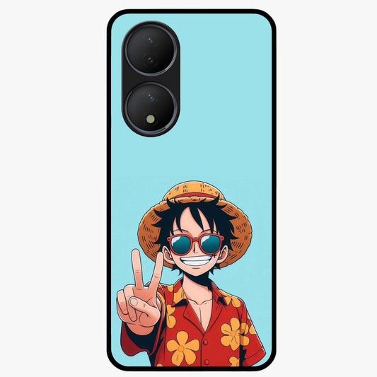 Luffy Summer Anime Vibe Glass Case showing flat back view with vibrant anime character artwork and glossy glass finish.