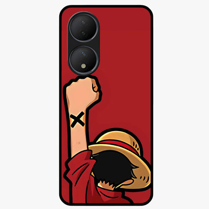 Luffy X Spirit Glass Case showing flat back view with bold anime character artwork and glossy glass finish.