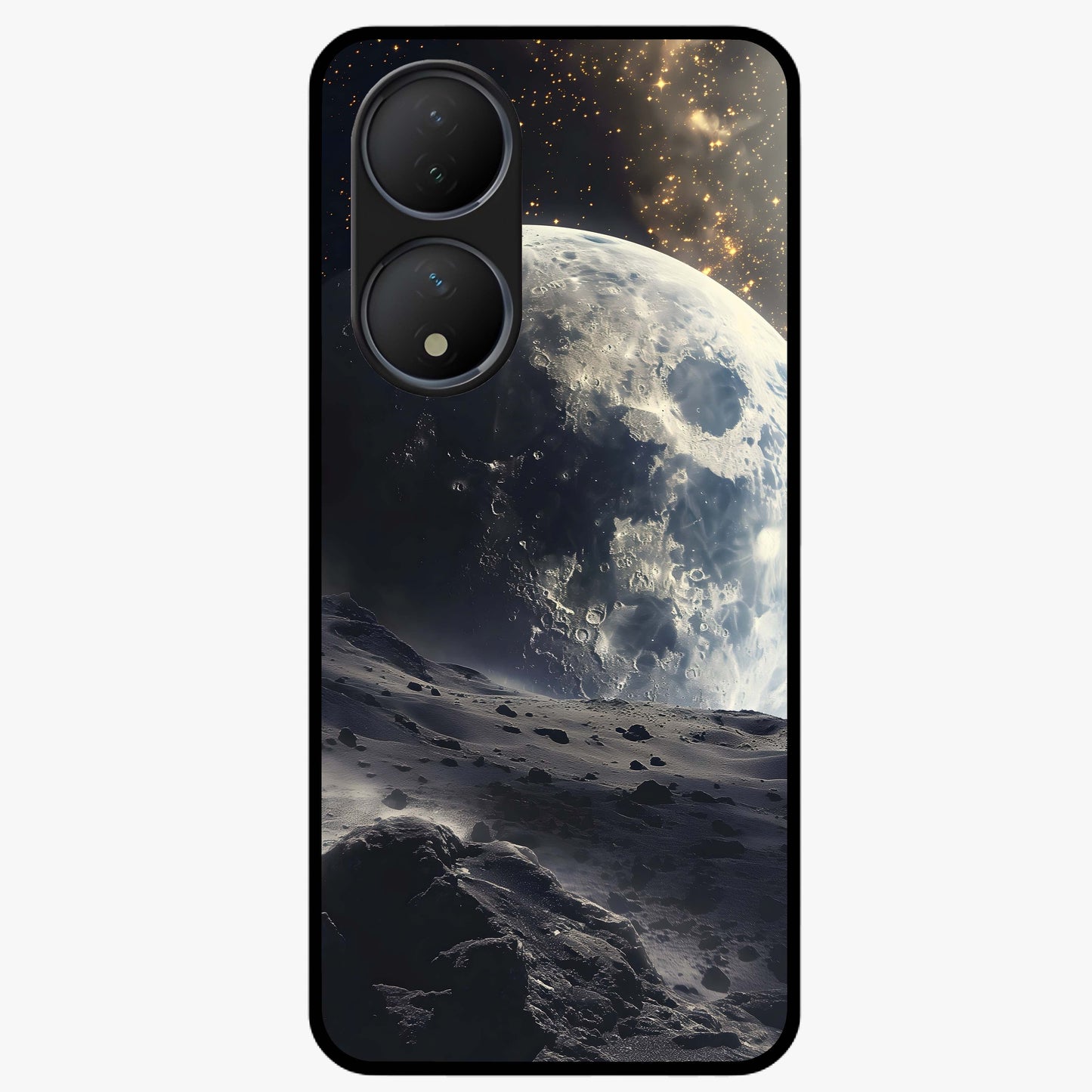 Lunar Horizon Glow Glass Case showing flat back view with glowing moon horizon artwork and glossy glass finish.