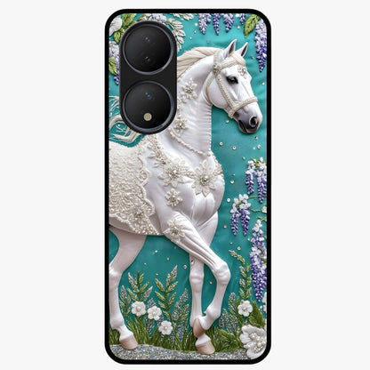 Majestic Floral Stallion Glass Case showing flat back view with powerful horse and floral artwork and glossy glass finish.