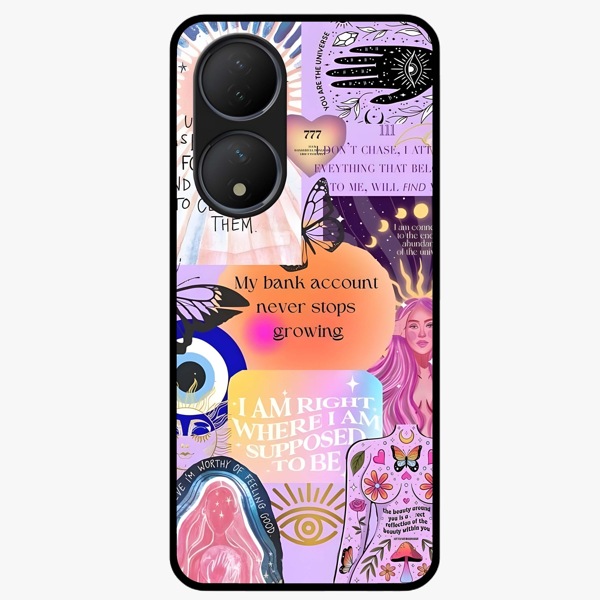 Manifestation Collage Glass Case showing flat back view with motivational collage artwork and glossy glass finish.