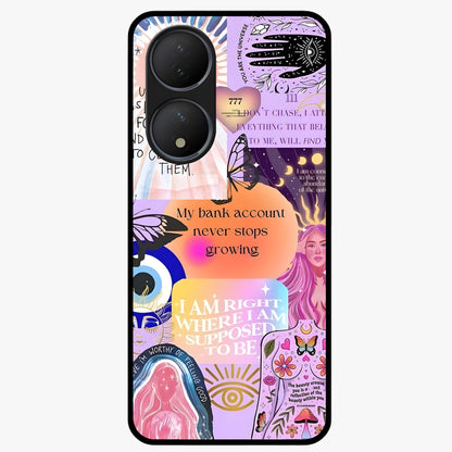 Manifestation Collage Glass Case showing flat back view with motivational collage artwork and glossy glass finish.