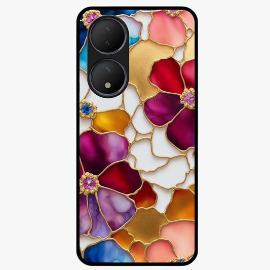 Marble Flower Pattern Glass Case showing flat back view with marble texture floral artwork and glossy glass finish.
