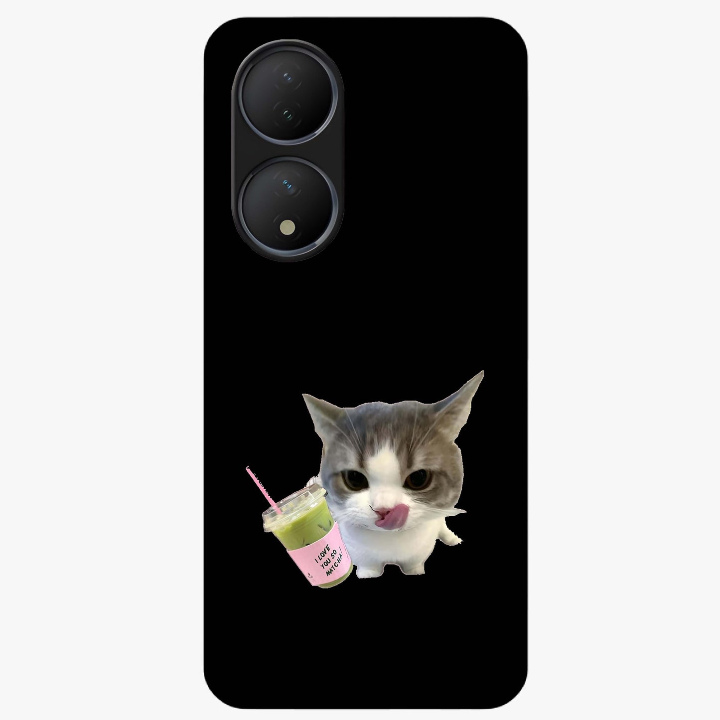 Matcha Cat Style Glass Case showing flat back view with cute matcha themed cat artwork and glossy glass finish.
