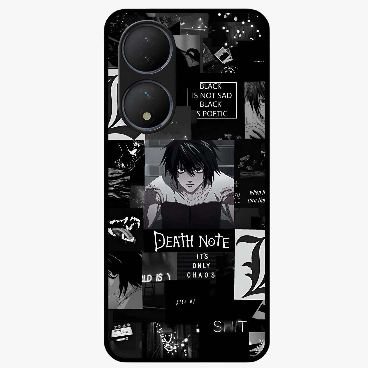 Midnight Chaos Mind Glass Case showing flat back view with abstract dark themed artwork and glossy glass finish.